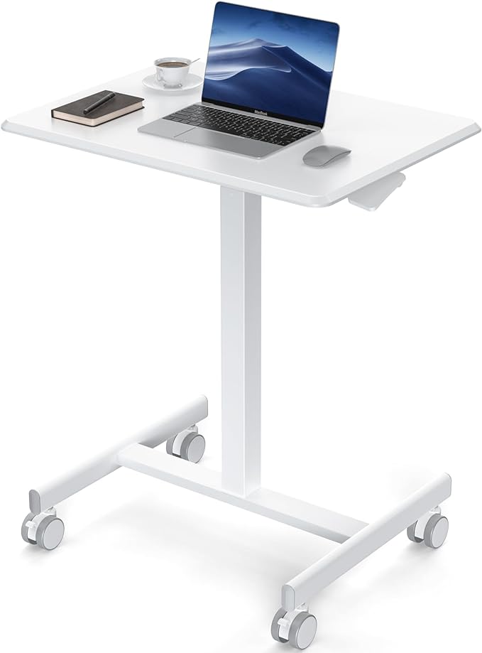 DUMOS Small Standing Desk with Wheels, Laptop Desk, 19 Inch | Portable Rolling Design, Adjustable Height Workstation, Home Office Mobile Station, White