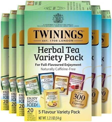 Twinings Herbal Tea Variety Pack, 20 Count (Pack of 6), Formerly Assorted Herbal, Includes 5 Flavours, Naturally Caffeine-Free, Enjoy Hot or Iced, 120 Teabags