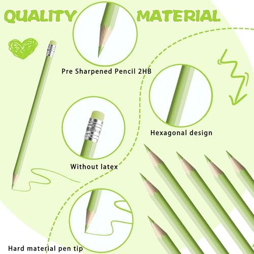24PCS Macaron Green Colored Pencils with Eraser Pre Sharpened Pencil 2 HB - Ideal for Checking, Grading, Tests & Office/School Supplies