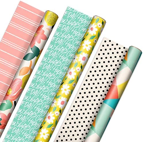 Hallmark Kids Birthday & Spring Wrapping Paper Bundle (6 Rolls: 195 Sq. Ft. Ttl) Monsters, Unicorns, Polka Dots, Floral, Lemons, Abstract