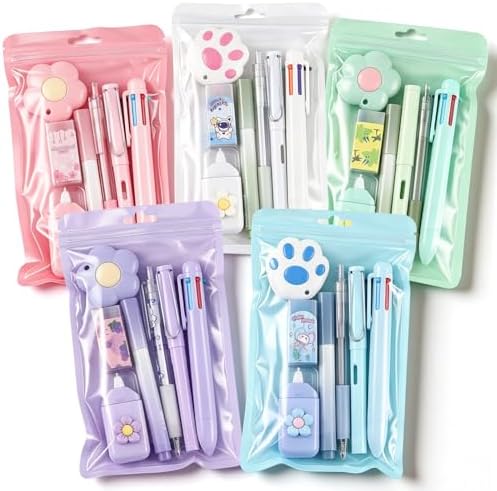 Sayglossy 5 Sets 7 Pcs Kawaii Stationery Set Cute Stationery Mini Office Supply Kit Cute School Supplies Including Ballpoint Pens Pencil Sharpener Highlighter Correction Tape Ruler Utility Knife