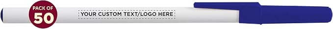 DISCOUNT PROMOS Custom Value Stick Pens Set of 50, Personalized Bulk Pack - Black Ink, Great for Office, School, Business, Tradeshows, Events - Blue