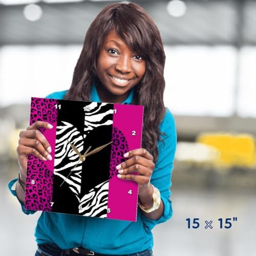 3dRose DPP_35437_3 Pink Black and White Animal Print Leopard and Zebra Heart Wall Clock, 15 by 15-Inch