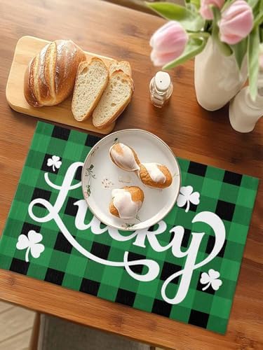 St. Patrick's Day Buffalo Plaid Placemats Set of 4, Lucky Shamrocks Clover Heat Resistant Washable Dining Table Mats Rustic Green Black Farmhouse Decor for Kitchen&Table Linens Outdoor Indoor