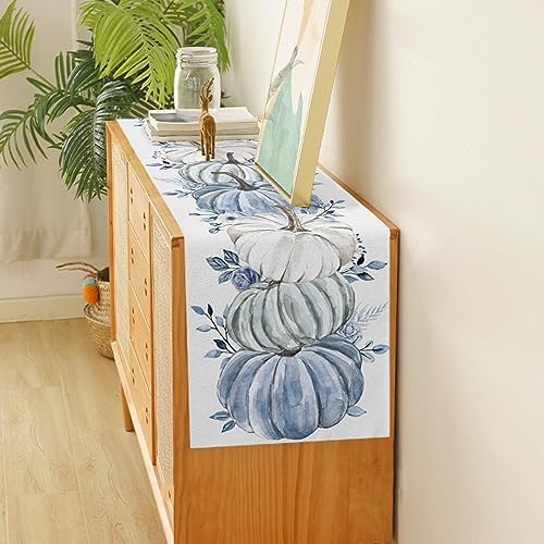 Fall Table Runner White Blue Pumpkin Table Runners Harvest Thanksgiving Blue Eucalyptus Leaves Cotton Linen Dresser Scarf Kitchen Dining Table Decor for Autumn Holiday Party Coffee 13x72 Inch