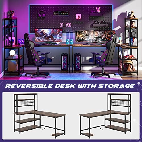 LITTLE TREE L-Shaped Computer Desk 55 Inch Reversible Office Desk Study Writing Table with Wireless Charging and Bookshelf for Home Office, Brown