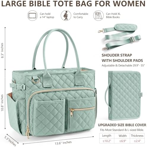 Large Bible Bag with Bible Cover Case for Women, Quilted Church Tote Bag