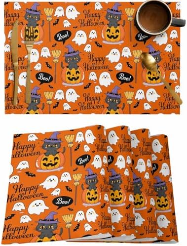 Vandarllin Happy Halloween Boo Placemats Set of 4, Cartoon Pumpkin Spooky Black Cats Ghosts Cotton Linen Stain Resistant Table Mats Washable Placemat Decoration for Kitchen Dining Table,Orange