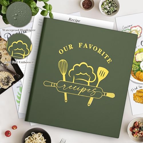 Lanpn Recipe Binder 8.5x11 3 Ring Kit, Waterproof Recipe Book Organizer Binder to Write in Your Own Recipes, Blank Cookbook with 60 Plastic Sleeves,116 Recipes, Dividers, Labels & Stickers, Green