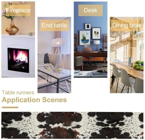 Cow Animal Skin Print Table Runner, Rustic Cottage Country Farm Animal Fur Skin Pattern Western Style Black Brown Cowhide Print Dinner Runner for Home Kitchen Dining Table Decoration 13"x108"