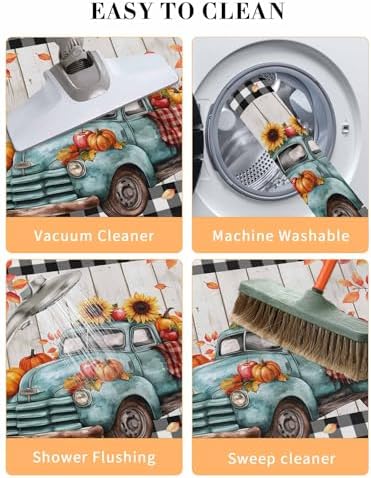 Fall Door Mat Harvest Pumpkin Teal Truck Doormat Sunflower Maple Leaves Wood Plaid Harvest Thanksgiving Welcome Mat Non Slip Entryway Front Rug Floor Mat for Indoor Outdoor Kitchen Autumn 20x32