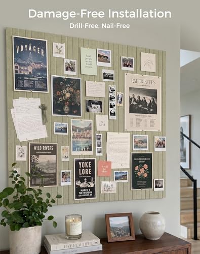 Aothia 12-Pack Felt Bulletin Board Tiles 48"x36", Modular Pin Board for Notes, Photos & Mood Boards, Cork Board Alternative for Smooth Walls, 0.35" Thick, 70 Adhesive Tabs & 40 Pins, Sage Green