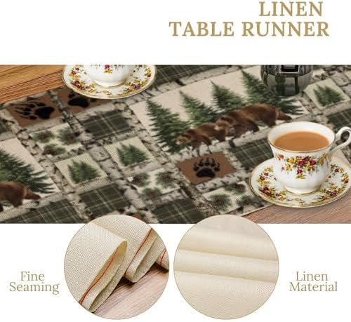 Rustic Cabin Moose Deer Bear Table Runner, Retro Bear Cottage Country Style Cabin Farmhouse Dinner Runner for Home Kitchen Dining Table Decoration 13x120inch