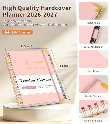 Teacher Planner 2026-2027, July 2026 - June 2027, Academic Weekly & Monthly Calendar Planner with Tabs, 8.5" x 11" A4 Teacher Lesson Plan Book with 7 Periods, Daily Agenda School Organizer for Teacher Student Homeschool, Pink