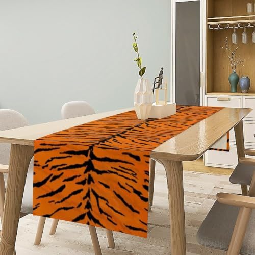 Vintage Tiger Print Table Runner, Rustic Cottage Country Farm Animal Fur Skin Pattern Western Style Black Brown Print Dinner Runner for Home Kitchen Dining Table Decoration 13x60 Inch