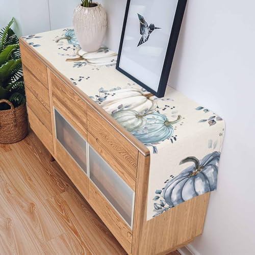 Fall Pumpkin Table Runner Dresser Scarf 16 x 72 Inch White Blue Leaves Rustic Table Runners Non-Slip Heat Resistant Kitchen Dining Table Decor for Autumn Thanksgiving Holidays Indoor Outdoor
