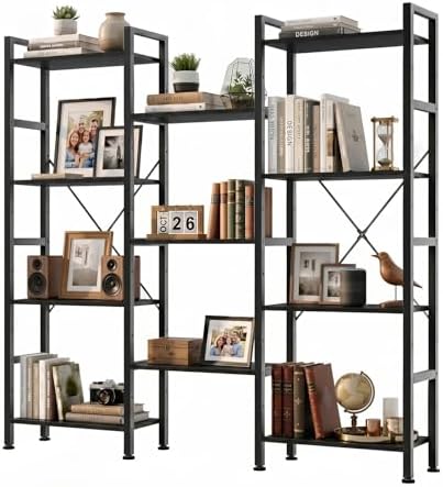 Triple Bookshelf, Free Standing Bookcase with Open Storage Shelves