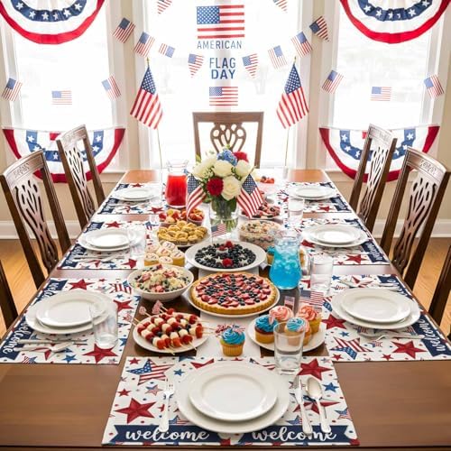 4th of July Placemats Set of 4, Patriotic Stars USA Flag Place Mats Independence Day Dining Table Mats Holiday Party Memorial Day Decor for Kitchen&Linens Outdoor Indoor, Red White and Blue
