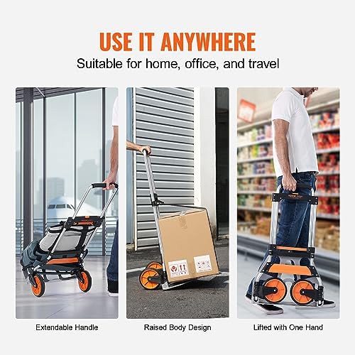 VEVOR Folding Hand Truck and Dolly, 275 Lbs Capacity, Aluminum Foldable Cart, Heavy-Duty Luggage Trolley Cart with Telescoping Handle and PP+TPR Wheels for Home, Office, Shopping, Travel