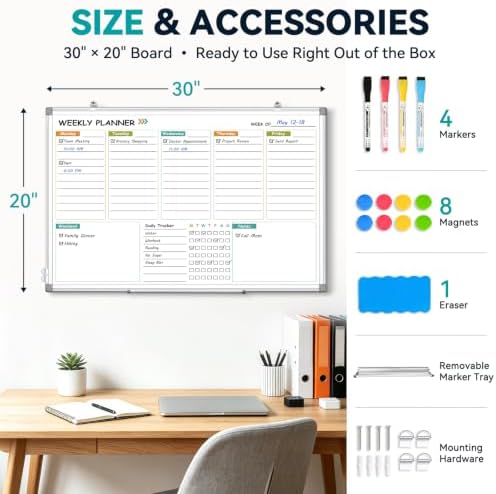 Weekly Dry Erase Calendar Whiteboard with Corkboard, 30" x 20", Silver