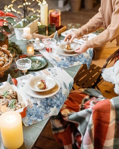Blue Christmas Poinsettia Placemats Set of 4, Winter Eucalyptus Leaves Heat Resistant Washable Table Place Mats Cotton Table Linens Party Holiday Decor for Kitchen Dining Outdoor Indoor