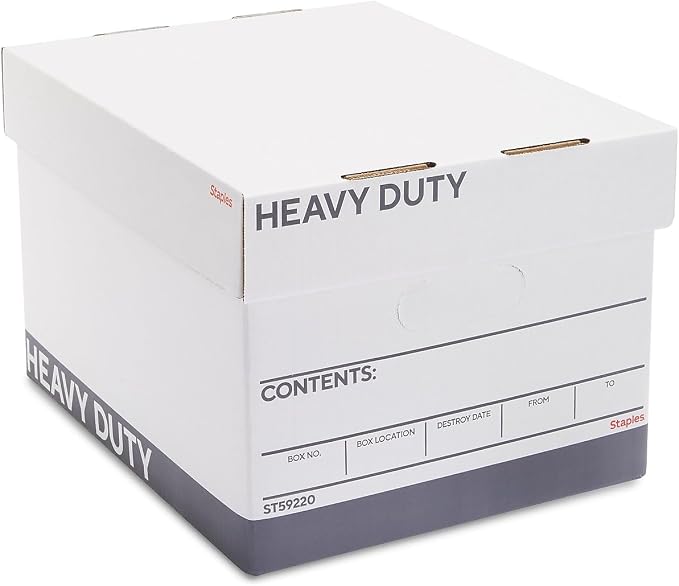 Staples Triple Wall Heavy Duty File Box, Lift-Off Lid, 12/Carton | White/gray boxes for letter or legal documents in bulk storage settings.