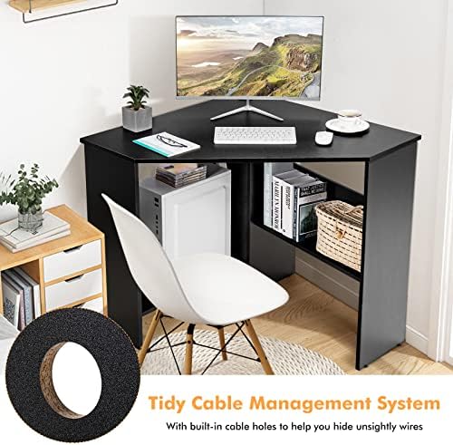 COSTWAY Corner Computer Desk, Space-Saving Triangular Writing Desk w/ 2 Storage Shelves & 2 Cable Holes, Multi-Functional Console Table for Small Space in Home Office, Living Room, Bedroom (Black)