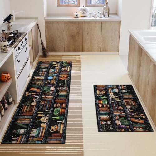Witches Bookshelf Halloween Kitchen Rugs and Mats Set of 2, (17"x47"+17"x30") Gothic Cute Spooky Season Skulls Black Cat Potions Non Skid Washable Runner Rug for Home Decor Decorations and Accessories