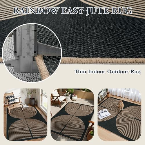 Lahome Modern Rainbow Easy Jute 4x6 Rug, Outdoor Patio Rug for Living Room Washable Black Carpet for Bedroom, Contemporary Non Slip Non Shedding Floor Carpet for Office Backyard