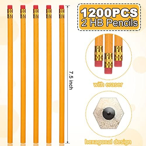 Zhehao 1200 Pack #2 HB Pencils Bulk, Yellow Wood Cased Unsharpened Pencils with Erasers for Back to School Supplies, Classroom, Teachers, Students, Testing, Office