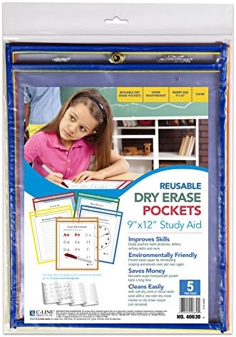 C-Line Reusable Dry Erase Pockets, 9 x 12 Inches, Assorted Primary Colors, 5 Pockets per Pack (40630)