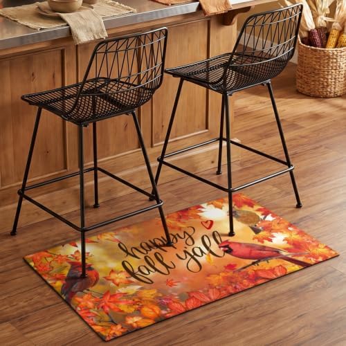 Cardinal Maple Leaves Fall Kitchen Rugs and Mats Set of 2, (17"x47"+17"x30") Thanksgiving Autumn Harvest Farmhouse Non Skid Washable Runner Rug for Home Decor Decorations and Accessories