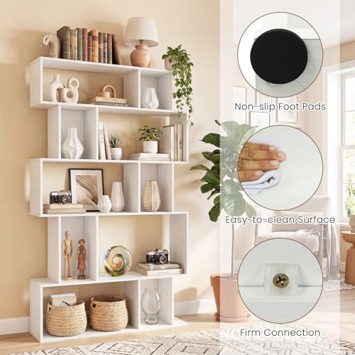 Giantex 5-Tier Bookshelf, 10-Cube White Geometric Bookcase with 5 Closed-Back Cubbies, Anti-toppling Kits, Open Display Storage Shelf for Living Room, Home Office, Bedroom