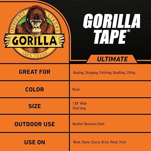 GORILLA Ultimate Tape, High Tensile Cloth, 1.88" x 20yd, Black