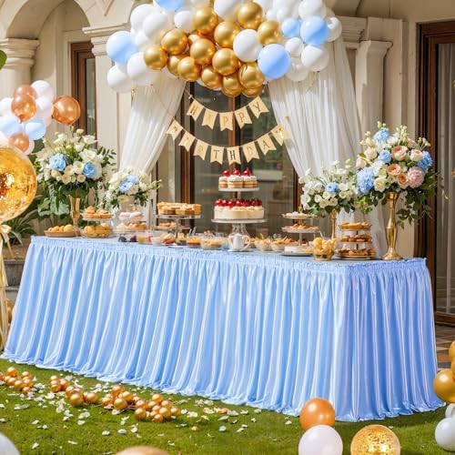 Wish Care 17ft Baby Blue Satin Long Table Skirt for Rectangle Tables Wrinkle Free Teacher Desk Skirt Glitter Ruffle Table Skirting Cloth for Back to School Classroom Office Birthday Party Table Decor