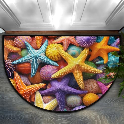 Ocean Starfish Half Round Door Mat Non Slip Washable Semi Circle Area Rug Absorbent Soft Half Moon Rug Floor Mat for Indoor Outdoor Kitchen Bathroom Patio Front Door Mat Decor