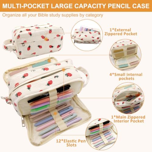Bible Study Supplies, 50 Pack Bible Journaling Kit for Women with Tabs, Highlighter Set,Notebook , Pen Case and Storage Bag,No Bleed Annotation Kit for Christian Gifts (50PCS, Red Strawberry)