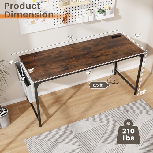 COSTWAY Home Office Desk, 32 Inch Computer Desk with Recessed Power Strip, Storage Bag & Headphone Hook, Wide Desktop, Modern Computer Workstation Writing Table for Home, Office (Rustic Brown + Black)