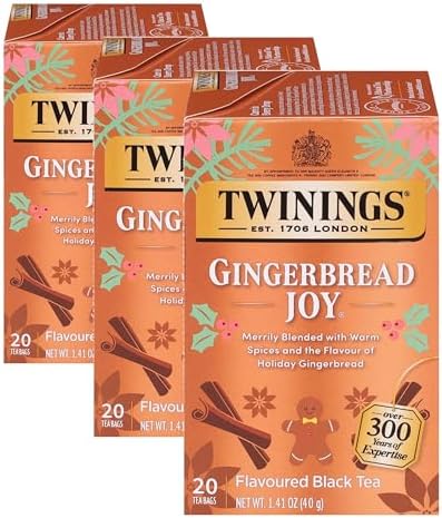 Twinings Gingerbread Joy Black Tea Individually Wrapped Bags, 20 Count (Pack of 3), Ginger & Cinnamon, Caffeinated, Enjoy Hot or Iced | Packaging May Vary