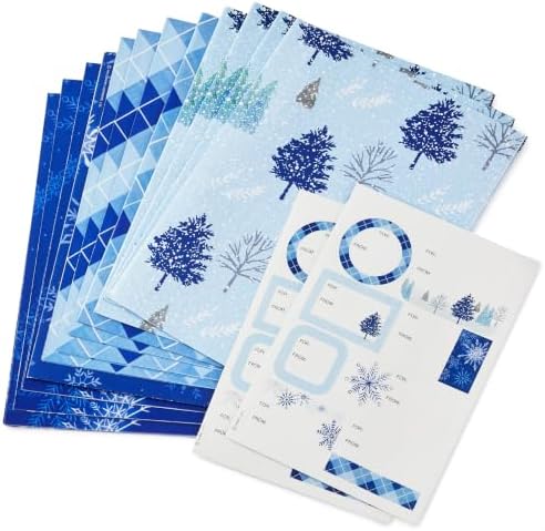 Hallmark Flat Wrapping Paper, 12 Sheets with Stickers (Blue)