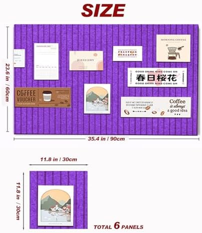 Large Felt Wall Tiles Cork Boards for Office Cubicle, 35"x23.6" Felt Photo Board Bulletin Tiles Pin Board for Walls Home Decor, Noise Reduction Boards Panels Fors Notes Memos, 6-Pack, Purple