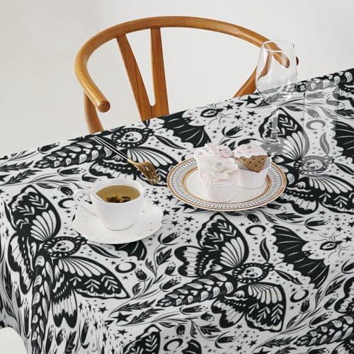 Boho Moth Tablecloth, Gothic Mysterious Halloween Black White Death Butterfly Bat Witch Print Table Cloth for Kitchen Dining Picnic Party Restaurant Decoration 60x120in