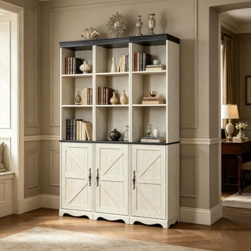 KEIKI Farmhouse Bookcase with Storage Cabinets, Modular Bookshelf, White