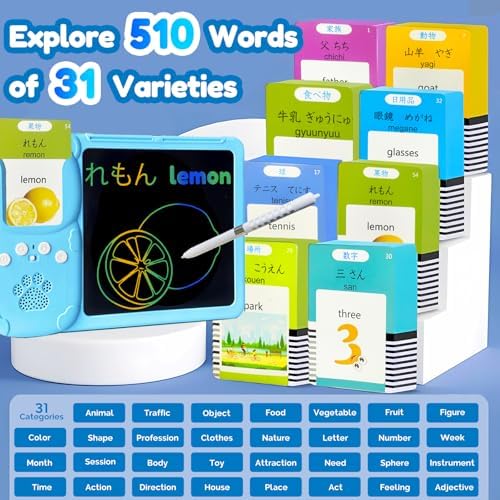 Writing Tablet with Bilingual Flash Cards for Kid, Japanese Blue