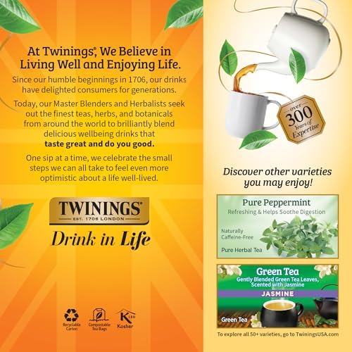 Twinings Lemon & Ginger, Caffeine-Free Herbal Tea Bags, 25 CT Box (6 Pack)