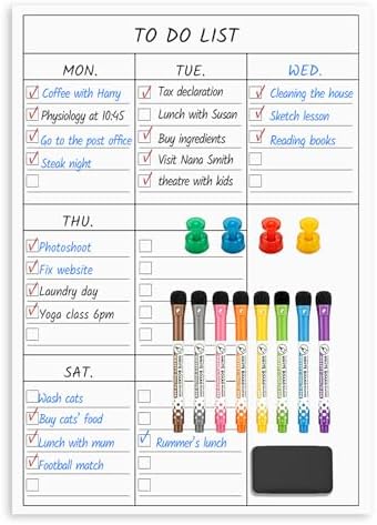 LUCYCAZ Magnetic to Do List Dry Erase Board for Fridge - Vertical Chore Board for Kids, Weekly Planning Boards for Family Chore Chart Whiteboard with 8 Markrs, 12''x17''(A3)