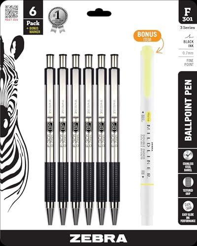 Zebra Pen STEEL F-301 Retractable Ballpoint Pen, Black Ink, 0.7mm, 6-Pack