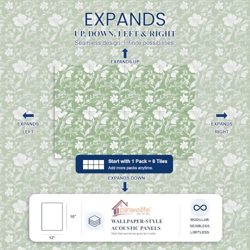 PINWELIFE® Acoustic Art Tiles – 8-Pack 12"x16" Sound Absorbing Panels, Seamless Wallpaper-Style Decorative Acoustic Wall Art, Echo Reduction for Home Studio/Office, Nano Tape Included