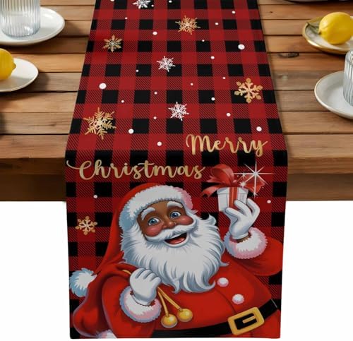 Black Santa Claus Table Runner Dresser Scarf 13 x 72 Inch Merry Christmas Snowflake Red Black Plaid Table Runners Non-Slip Heat Resistant Kitchen Dining Table Decor for Home Holidays Indoor Outdoor