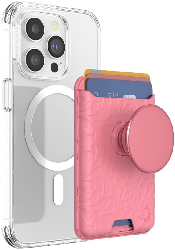PopSockets Phone Wallet for MagSafe with Grip- Putty Tooled | PopWallet, Holds 3 Cards, Magnetic, Removable, Secure, Pink, Winter, Snowflake